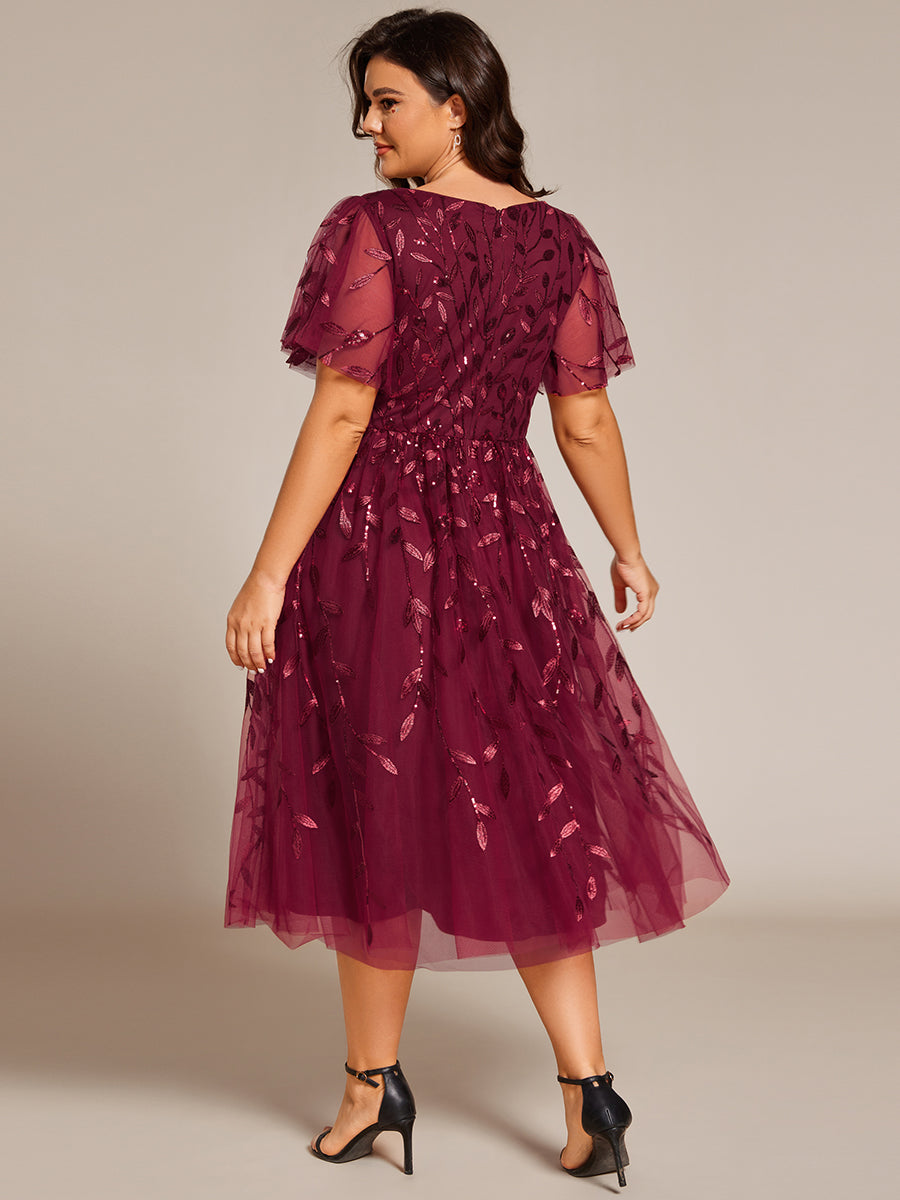 Plus Size Sparkly A-Line Midi Tulle Formal Wedding Guest Dress with Leaf Sequin #color_Burgundy