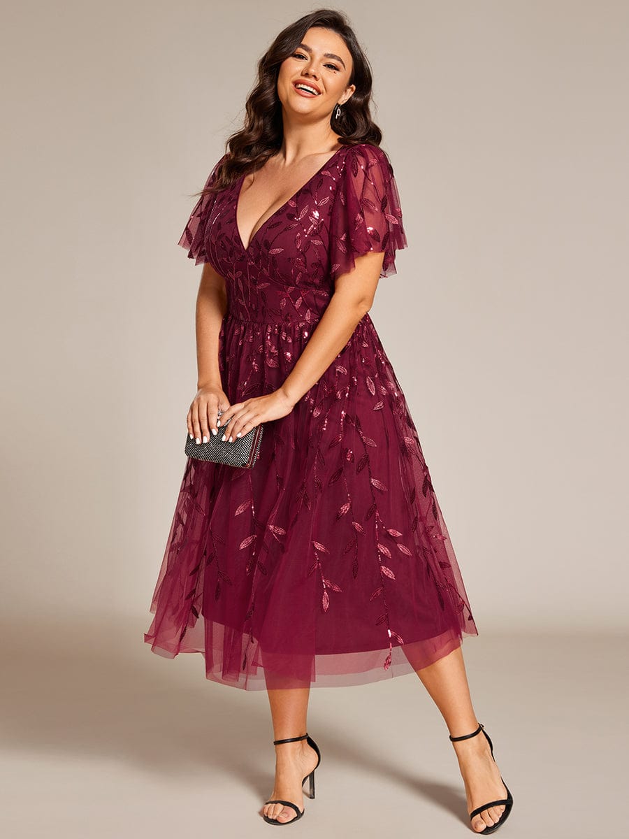 Plus Size Sparkly A-Line Midi Tulle Formal Wedding Guest Dress with Leaf Sequin #color_Burgundy