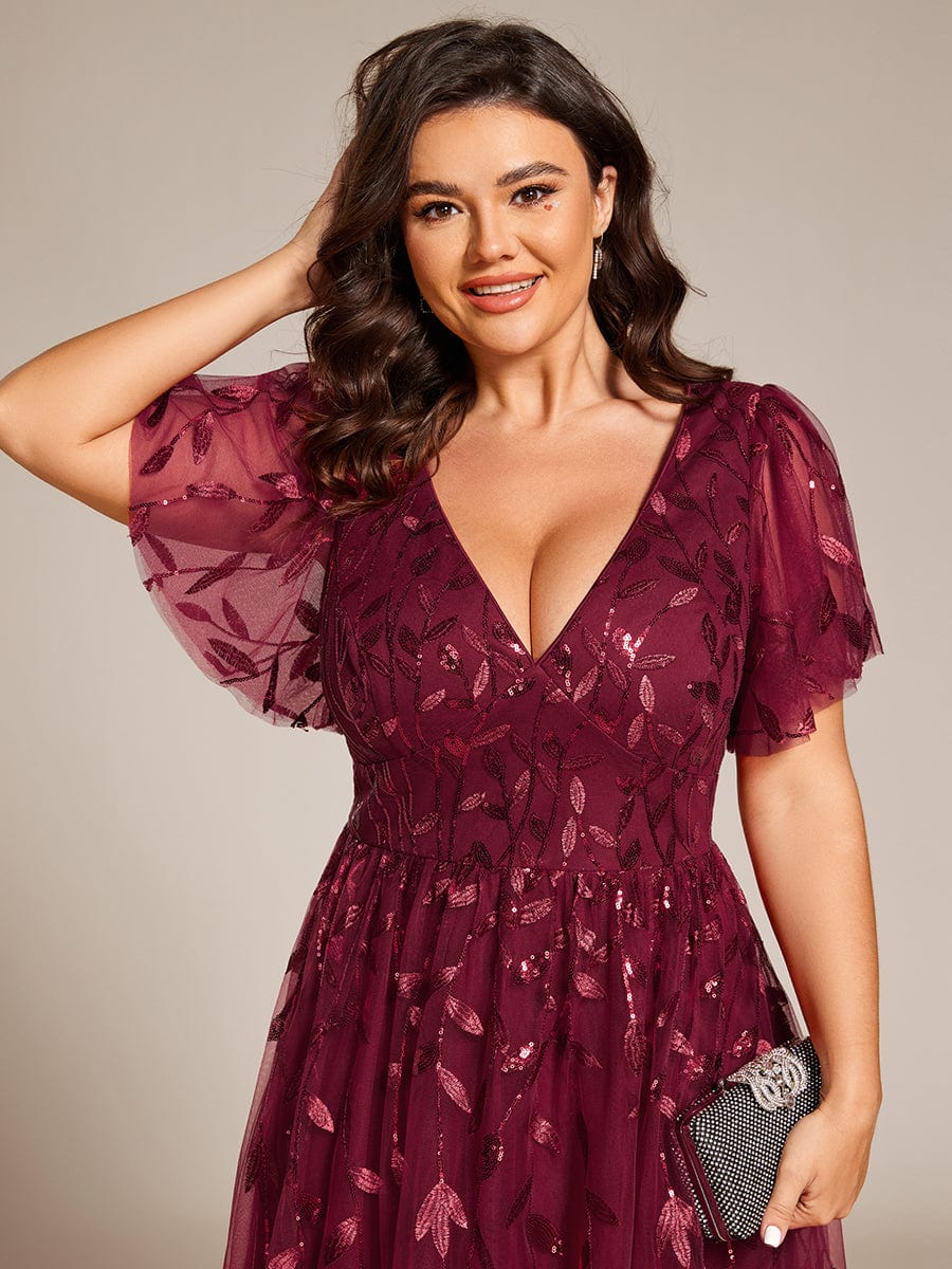 Plus Size Sparkly A-Line Midi Tulle Formal Wedding Guest Dress with Leaf Sequin #color_Burgundy