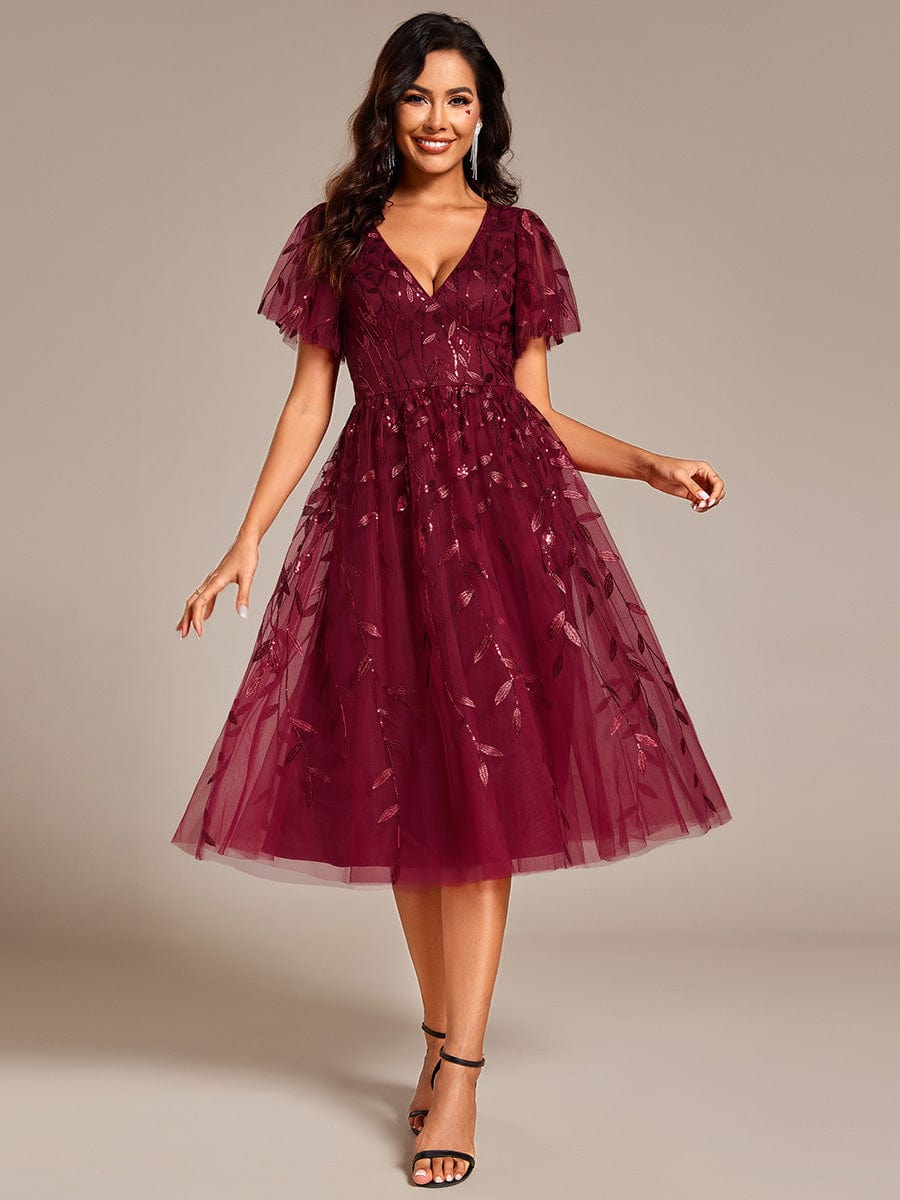 Short Sleeves Leaf Sequin A-Line Midi Formal Wedding Guest Dress #color_Burgundy