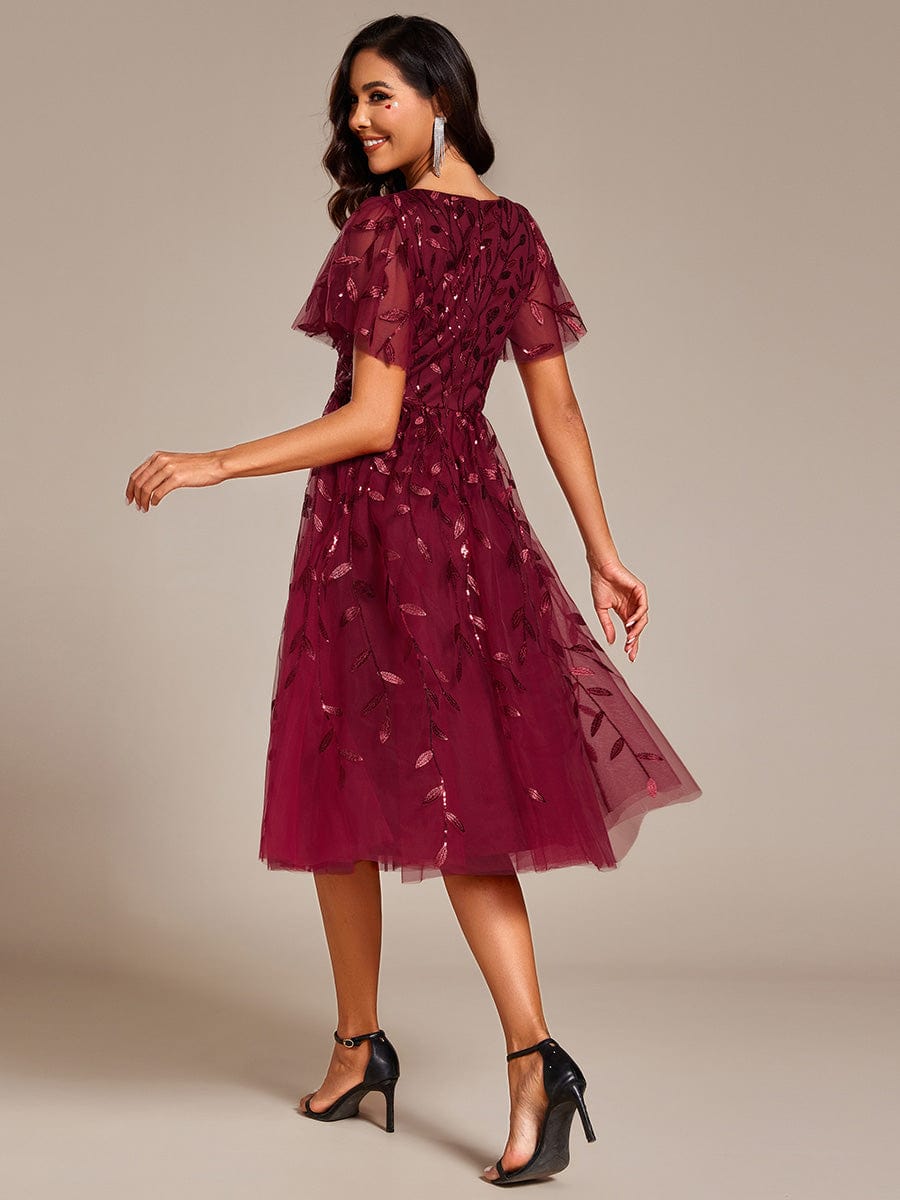 Short Sleeves Leaf Sequin A-Line Midi Formal Wedding Guest Dress #color_Burgundy