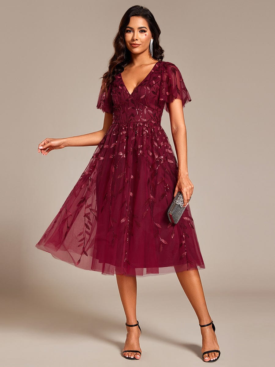 Gentle Coco | Short Sleeves Leaf Sequin A-Line Midi Formal Wedding Guest Dress