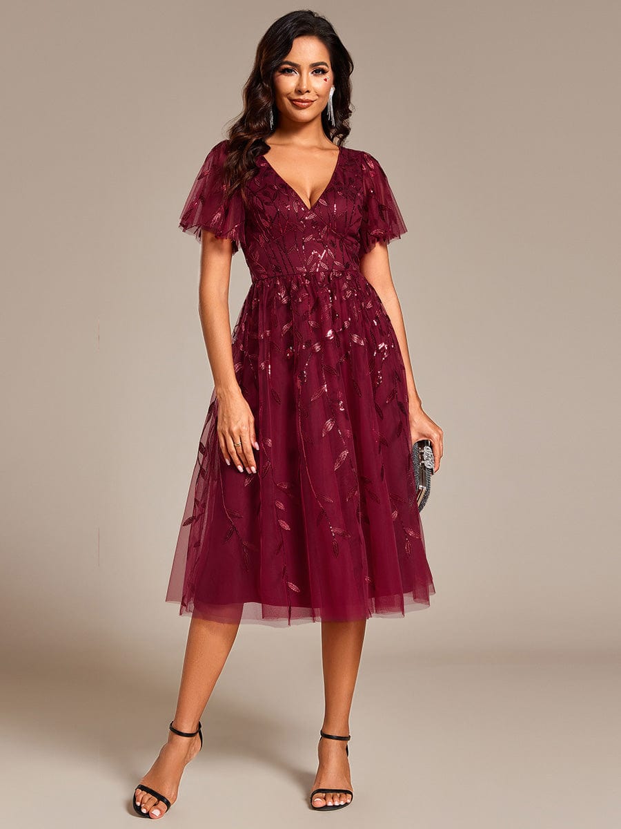 Short Sleeves Leaf Sequin A-Line Midi Formal Wedding Guest Dress #color_Burgundy