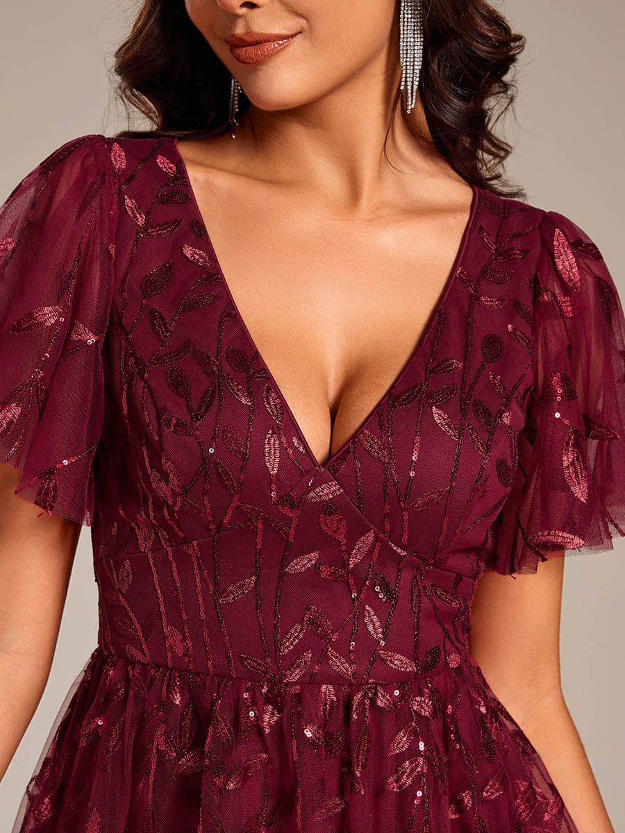 Short Sleeves Leaf Sequin A-Line Midi Formal Wedding Guest Dress #color_Burgundy