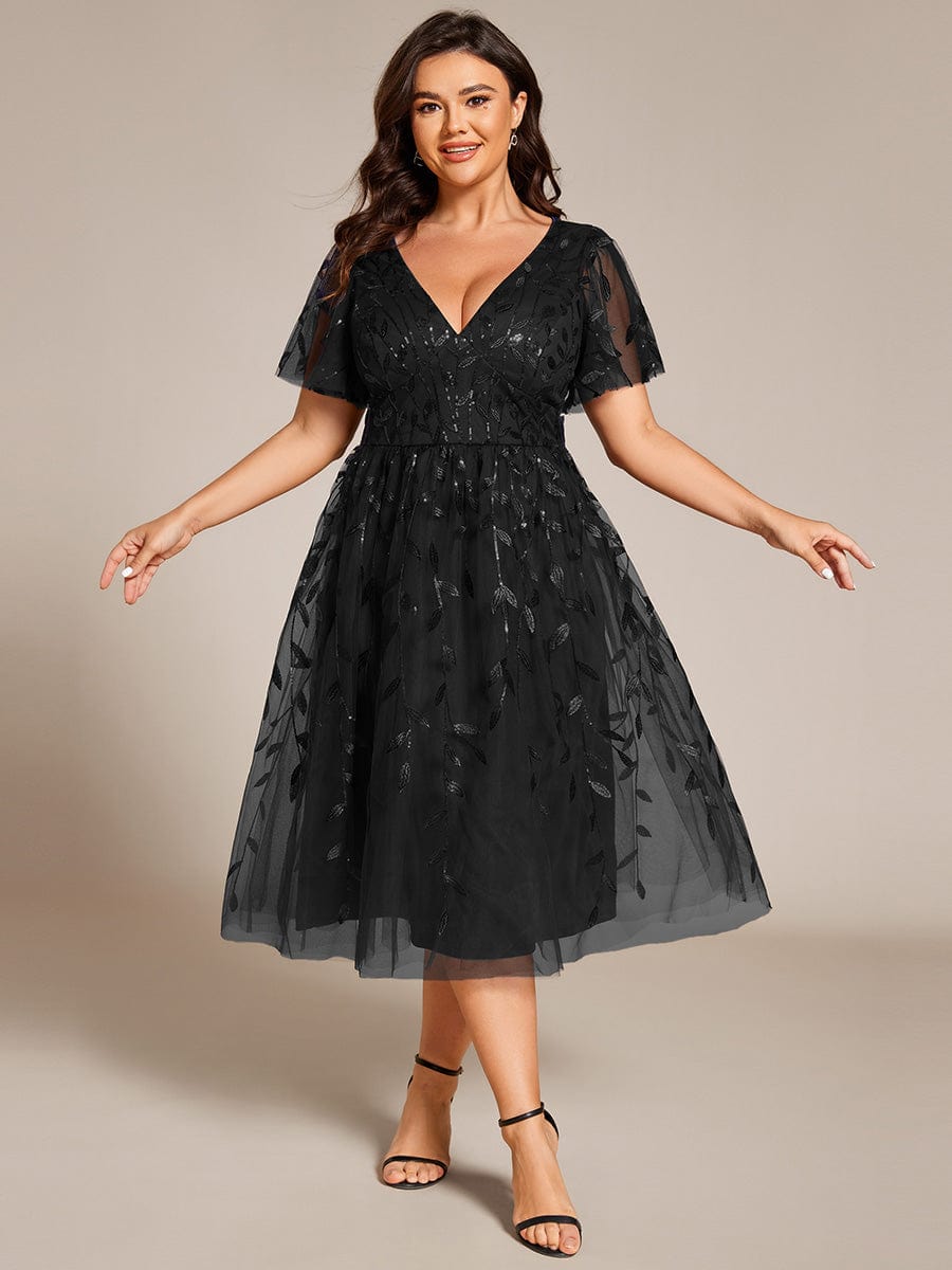 Plus Size Sparkly A-Line Midi Tulle Formal Wedding Guest Dress with Leaf Sequin #color_Black