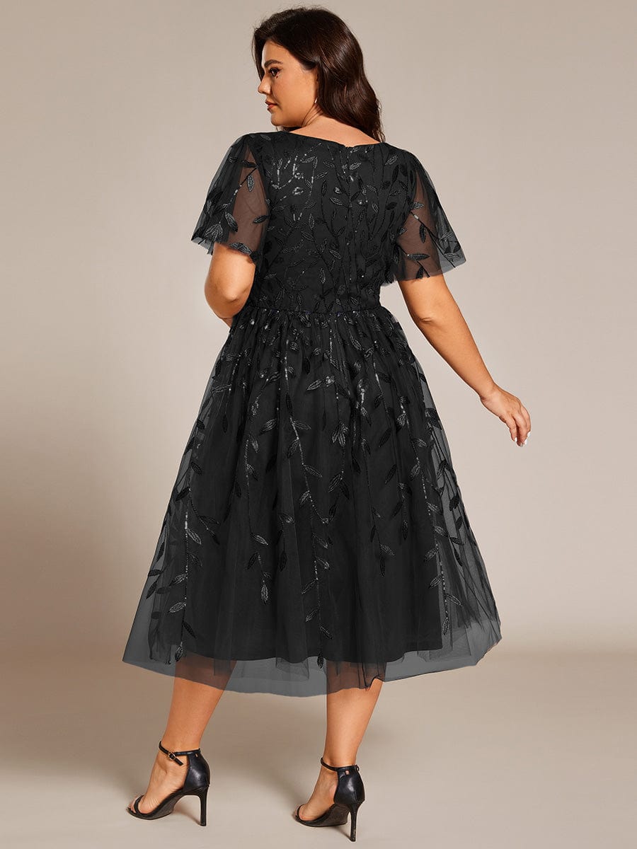 Short Sleeves Leaf Sequin A-Line Midi Formal Wedding Guest Dress #color_Black