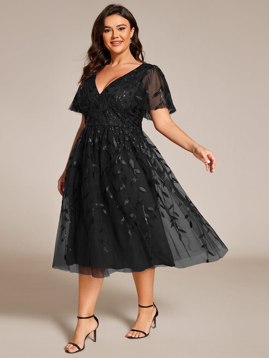 Plus Size Sparkly A-Line Midi Tulle Formal Wedding Guest Dress with Leaf Sequin #color_Black