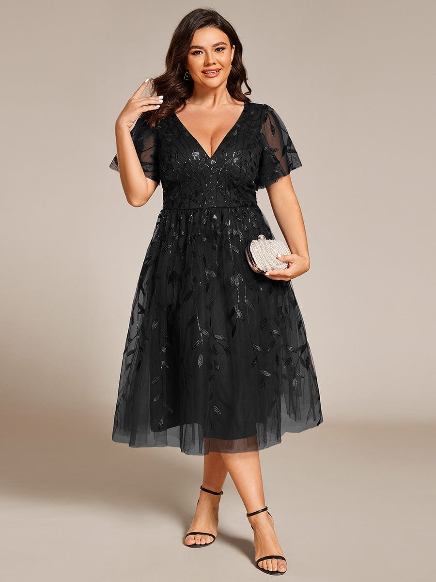 Short Sleeves Leaf Sequin A-Line Midi Formal Wedding Guest Dress #color_Black