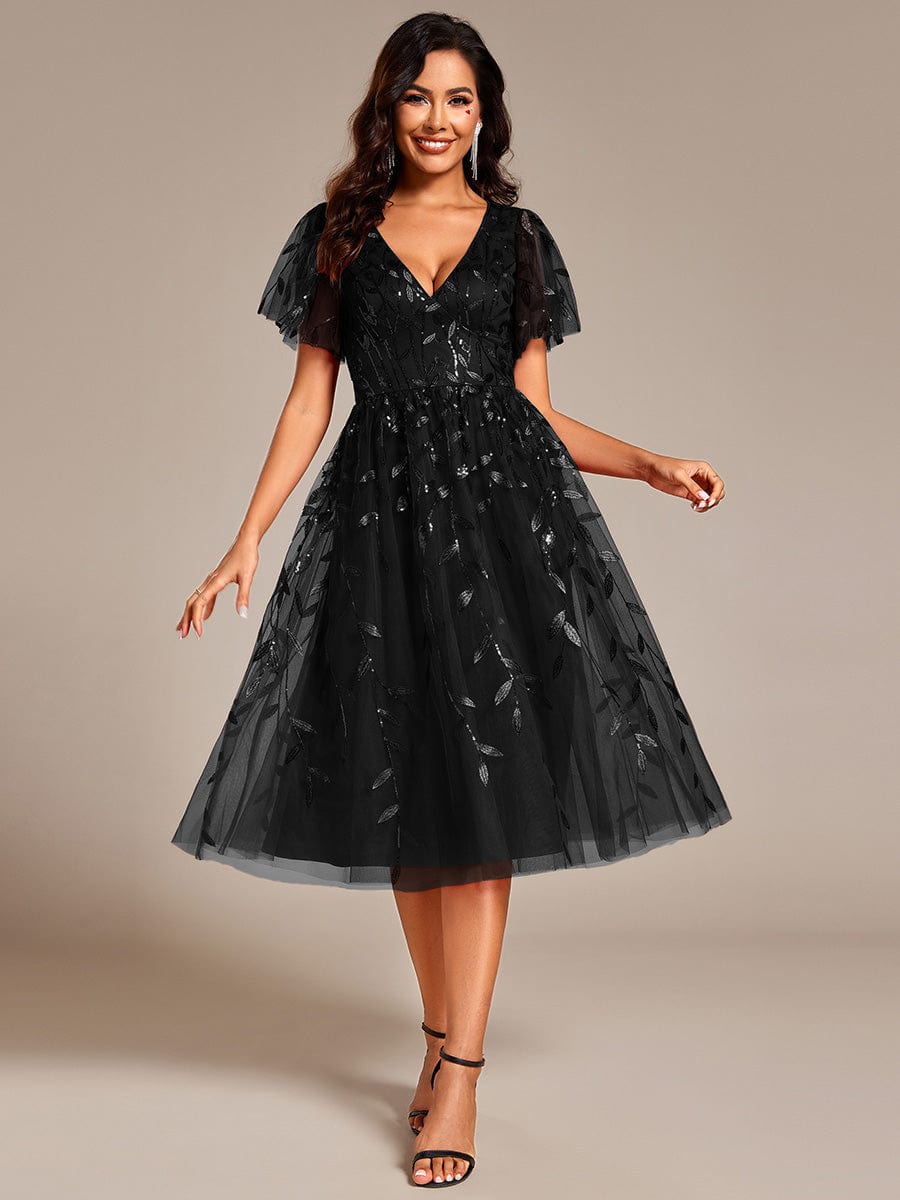 Short Sleeves Leaf Sequin A-Line Midi Formal Wedding Guest Dress #color_Black