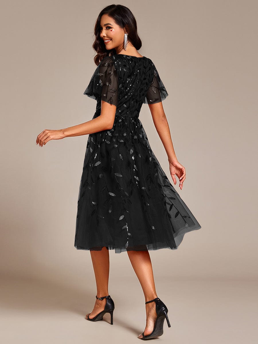 Short Sleeves Leaf Sequin A-Line Midi Formal Wedding Guest Dress #color_Black