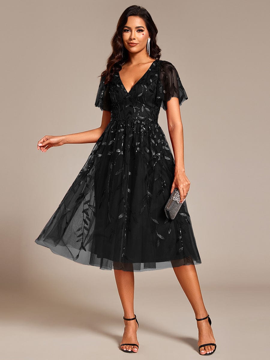 Short Sleeves Leaf Sequin A-Line Midi Formal Wedding Guest Dress #color_Black