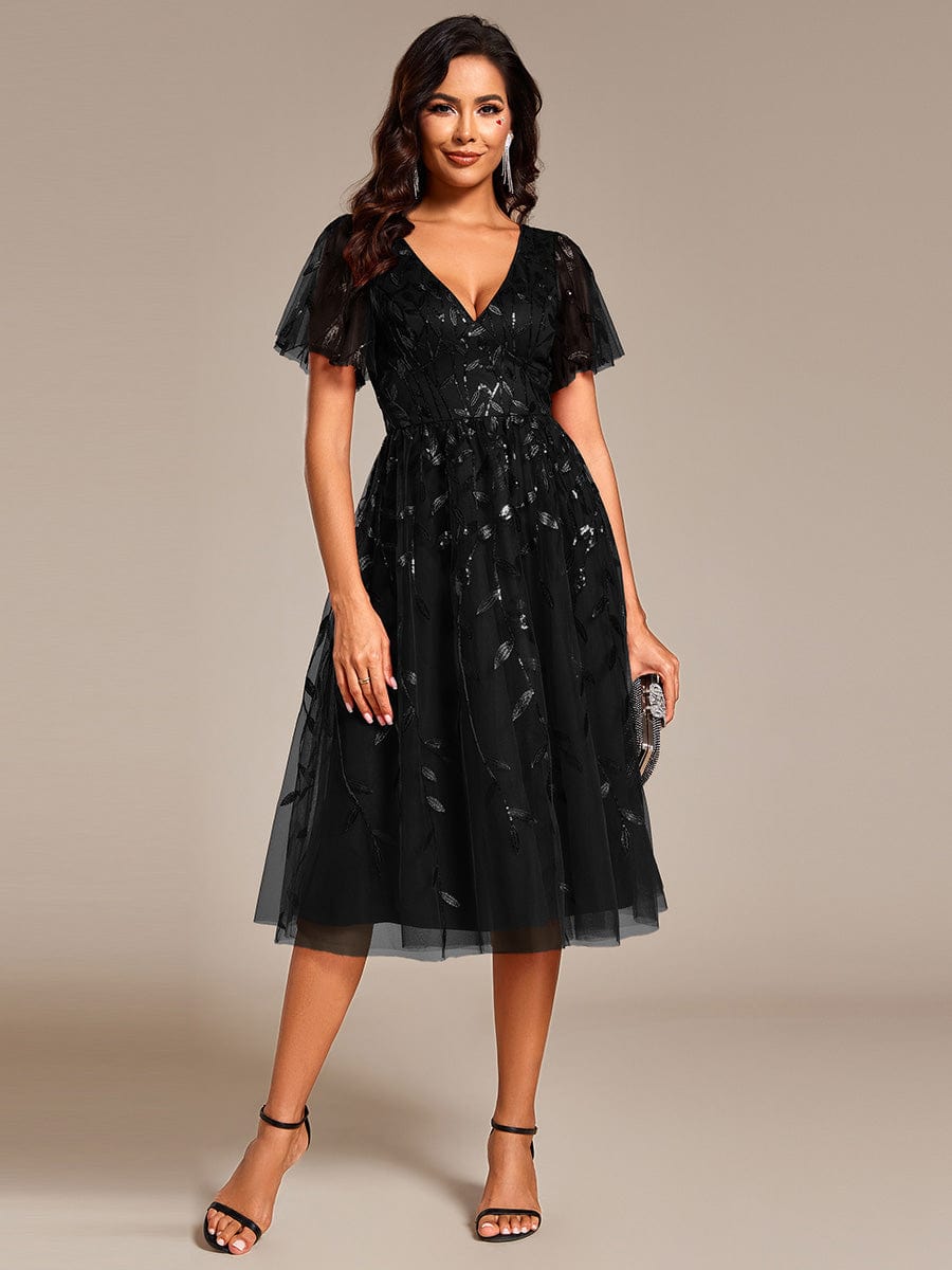 Short Sleeves Leaf Sequin A-Line Midi Formal Wedding Guest Dress #color_Black