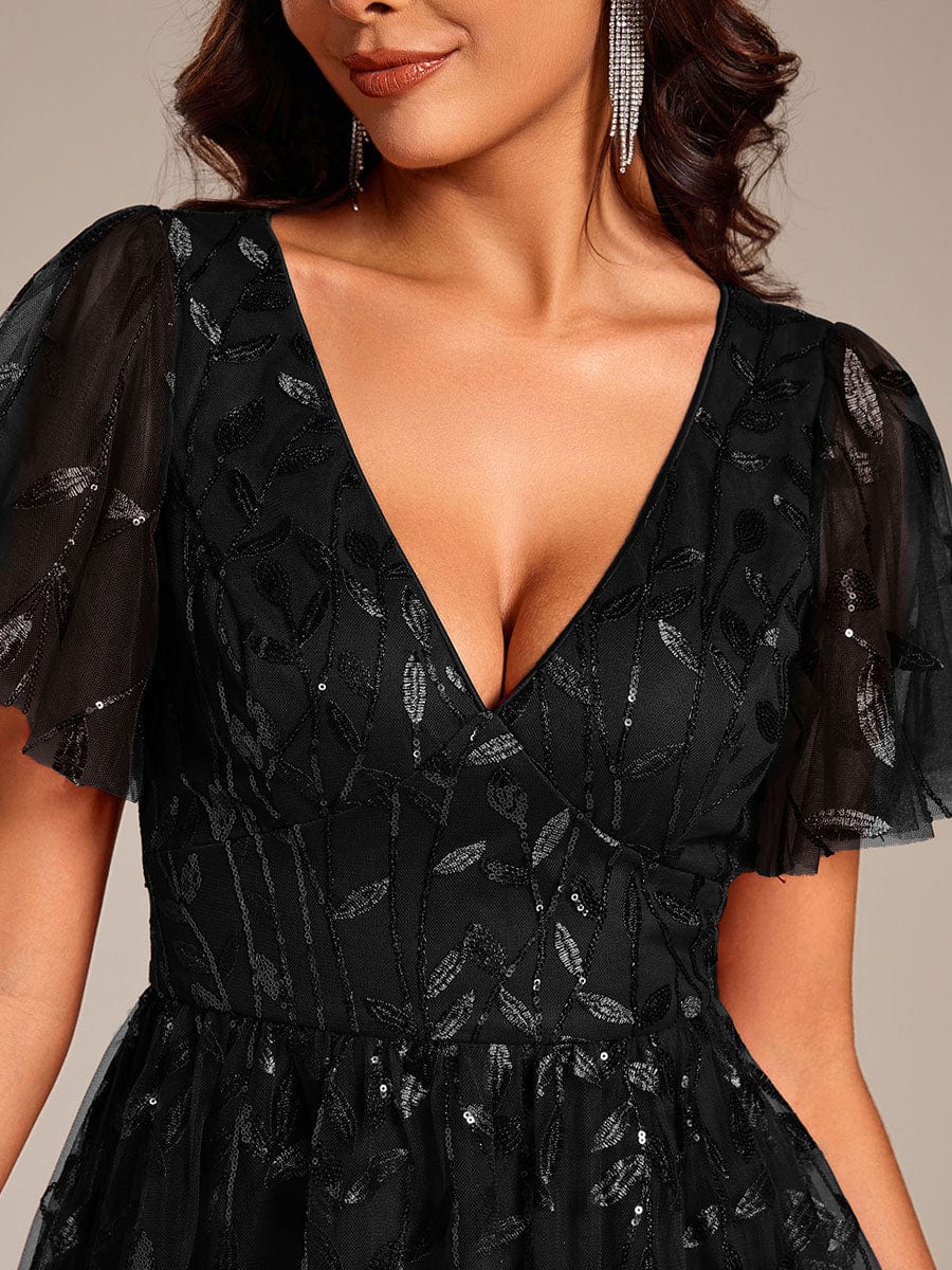 Short Sleeves Leaf Sequin A-Line Midi Formal Wedding Guest Dress #color_Black