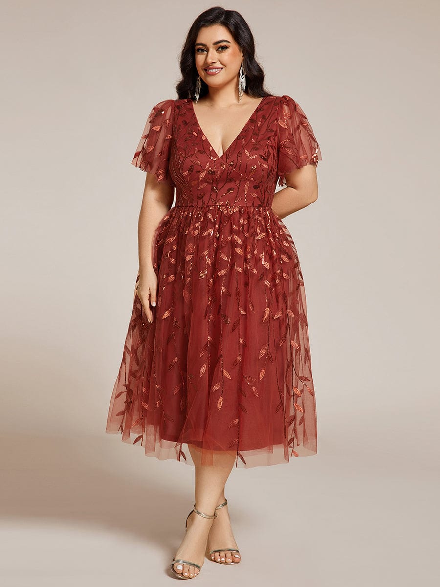 Plus Size Sparkly A-Line Midi Tulle Formal Wedding Guest Dress with Leaf Sequin #color_Burnt Orange