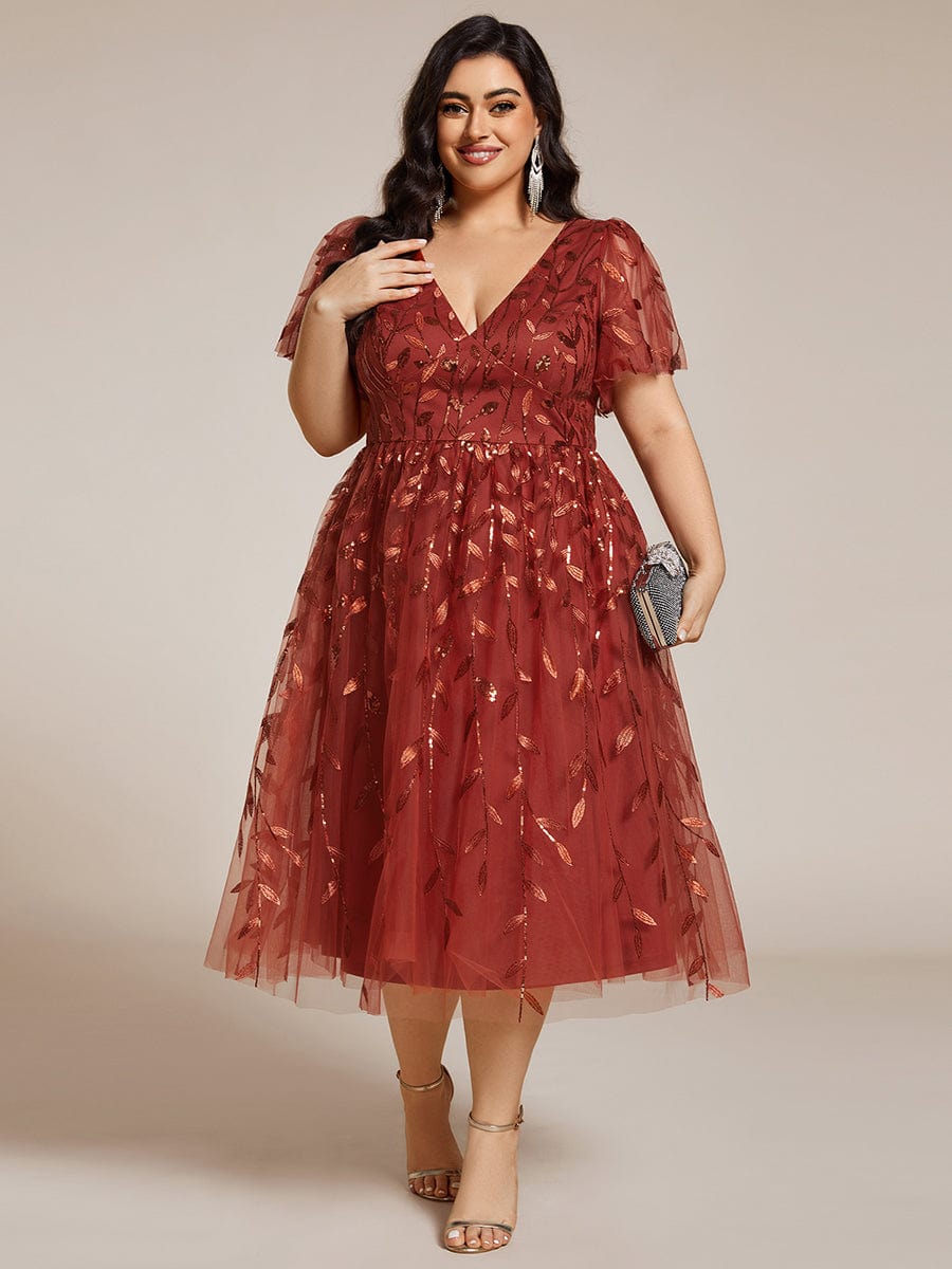 Plus Size Sparkly A-Line Midi Tulle Formal Wedding Guest Dress with Leaf Sequin #color_Burnt Orange