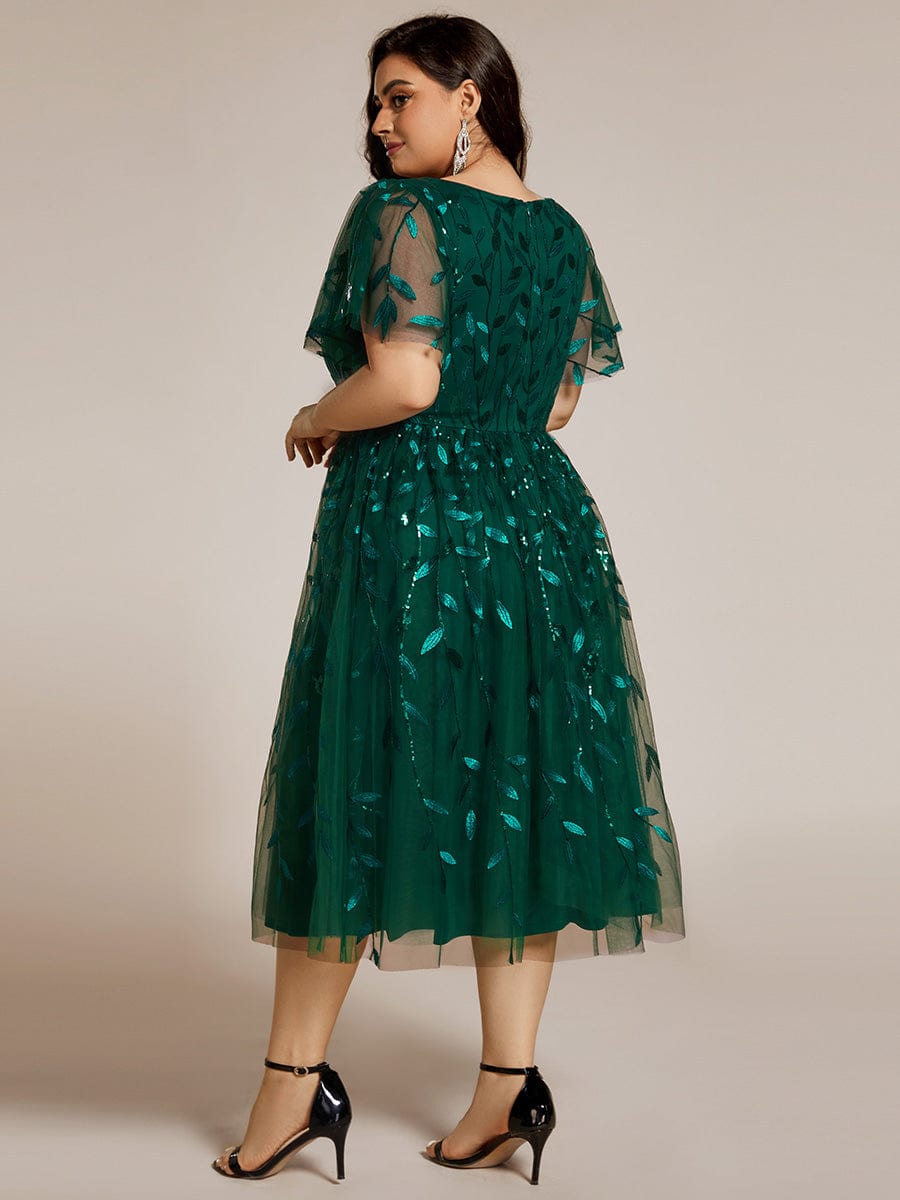 Plus Size Sparkly A-Line Midi Tulle Formal Wedding Guest Dress with Leaf Sequin #color_Dark Green