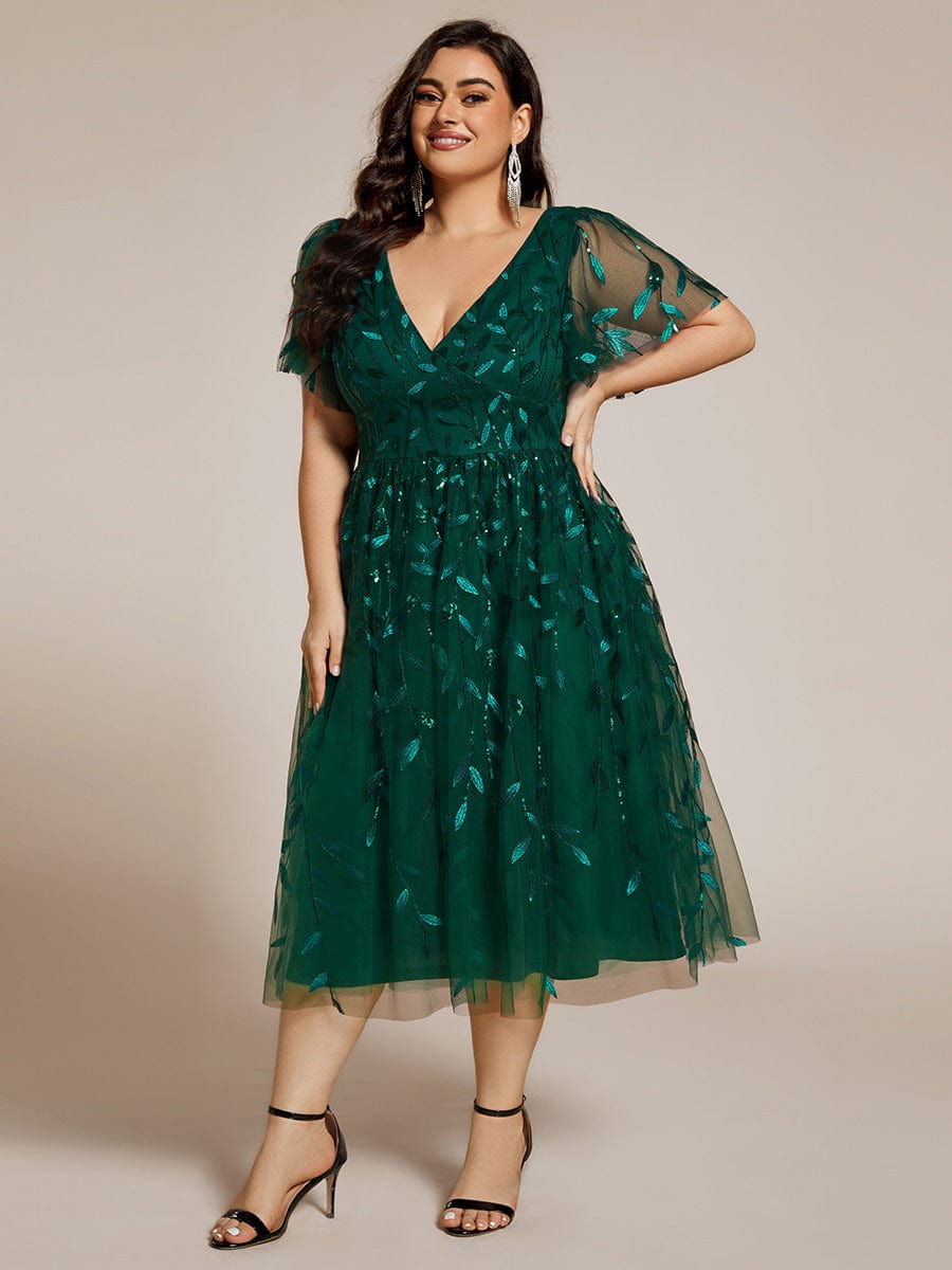 Plus Size Sparkly A-Line Midi Tulle Formal Wedding Guest Dress with Leaf Sequin #color_Dark Green