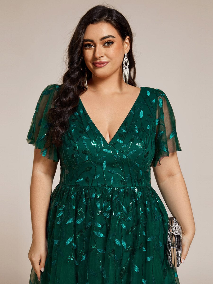 Plus Size Sparkly A-Line Midi Tulle Formal Wedding Guest Dress with Leaf Sequin #color_Dark Green