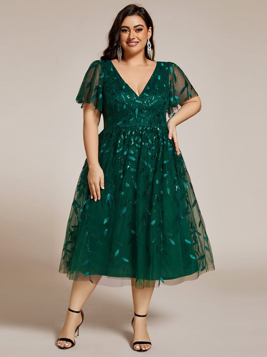 Plus Size Sparkly A-Line Midi Tulle Formal Wedding Guest Dress with Leaf Sequin #color_Dark Green