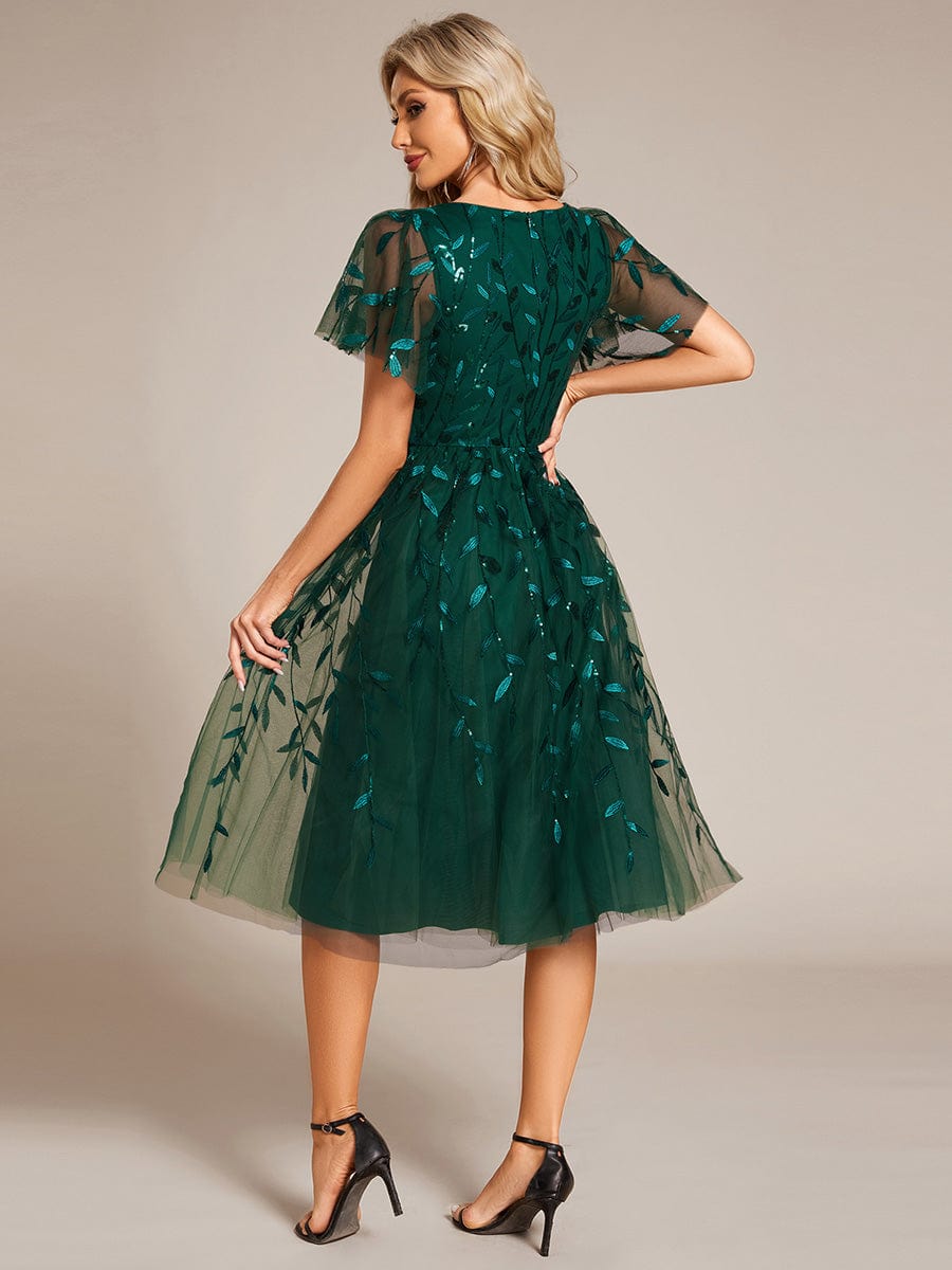 Short Sleeves Leaf Sequin A-Line Midi Formal Wedding Guest Dress #color_Dark Green