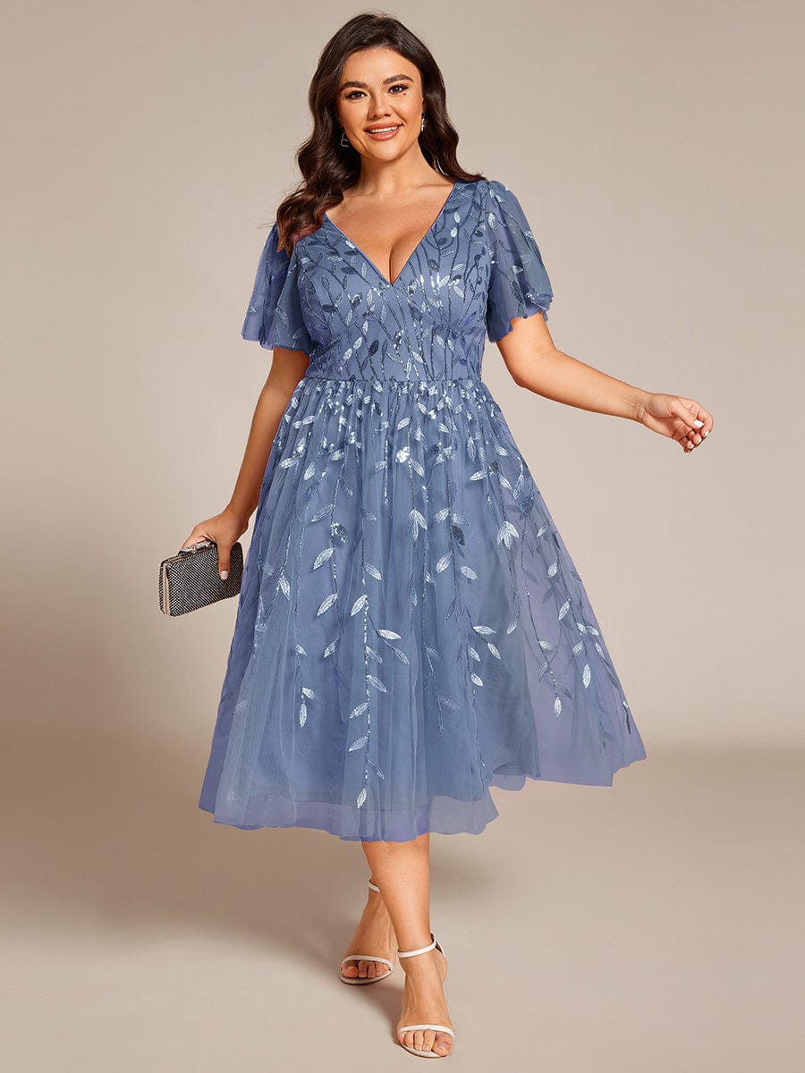 Short Sleeves Leaf Sequin A-Line Midi Formal Wedding Guest Dress #color_Dusty Blue