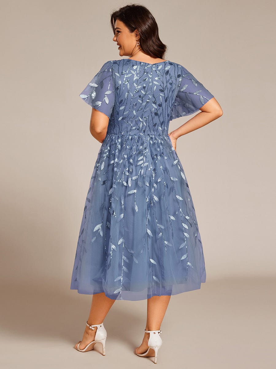 Short Sleeves Leaf Sequin A-Line Midi Formal Wedding Guest Dress #color_Dusty Navy