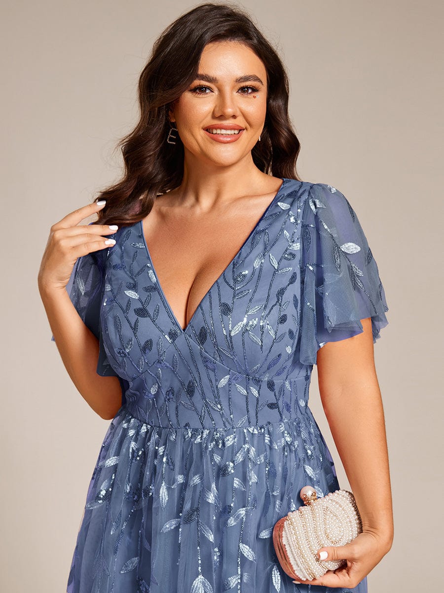 Short Sleeves Leaf Sequin A-Line Midi Formal Wedding Guest Dress #color_Dusty Blue