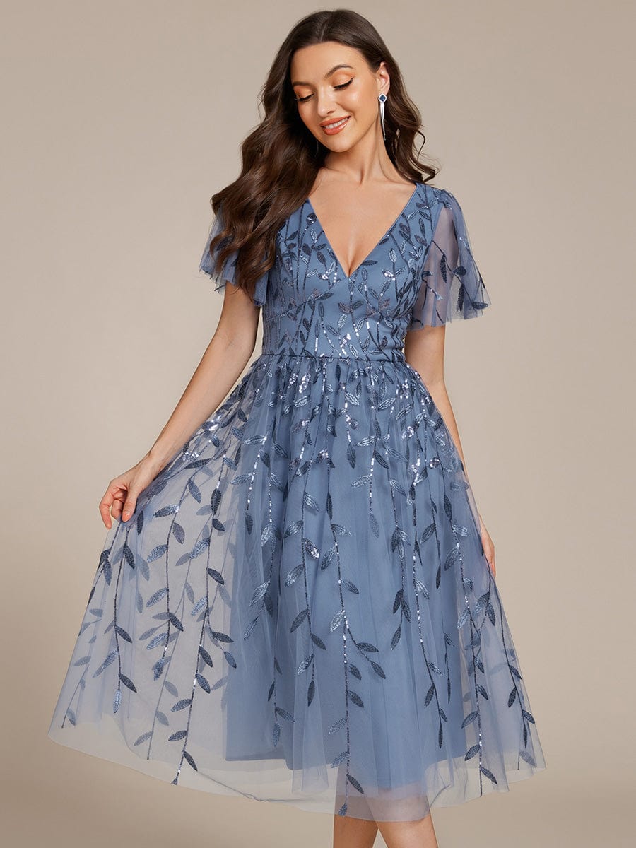 Short Sleeves Leaf Sequin A-Line Midi Formal Wedding Guest Dress #color_Dusty Blue