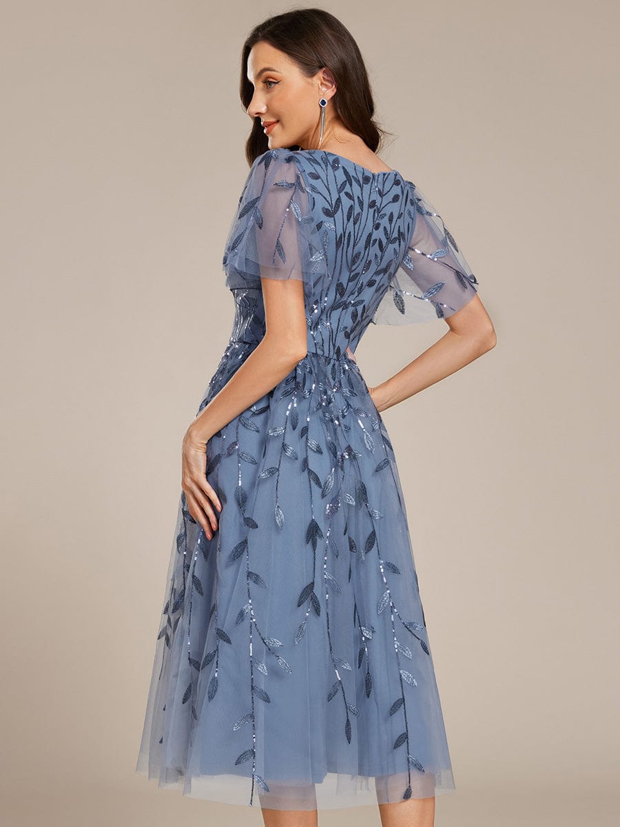 Short Sleeves Leaf Sequin A-Line Midi Formal Wedding Guest Dress #color_Dusty Blue