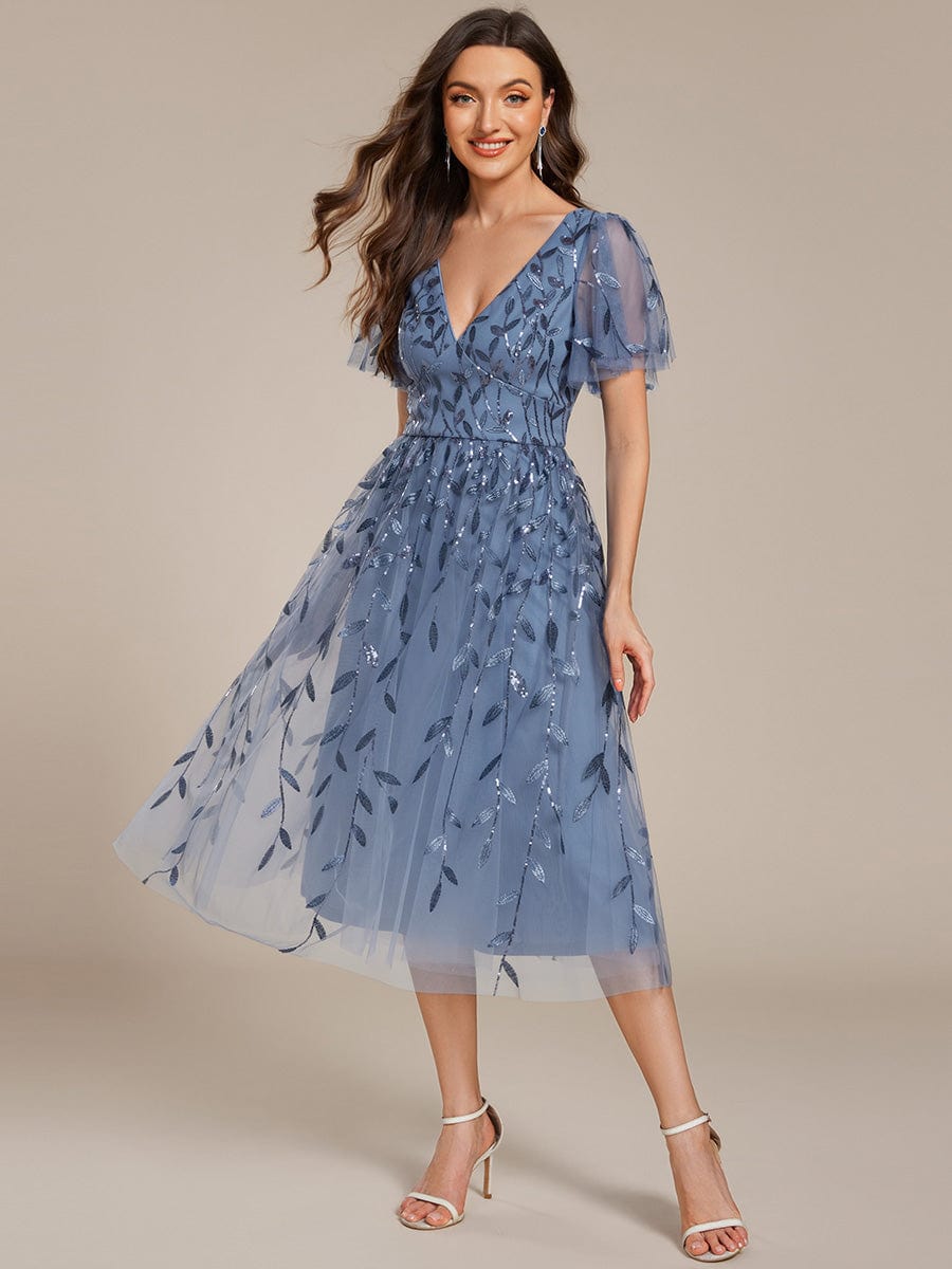 Short Sleeves Leaf Sequin A-Line Midi Formal Wedding Guest Dress #color_Dusty Blue