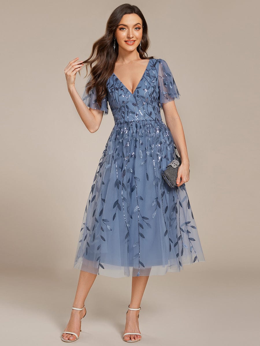 Short Sleeves Leaf Sequin A-Line Midi Formal Wedding Guest Dress #color_Dusty Blue