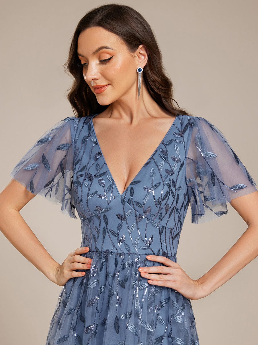 Short Sleeves Leaf Sequin A-Line Midi Formal Wedding Guest Dress #color_Dusty Blue