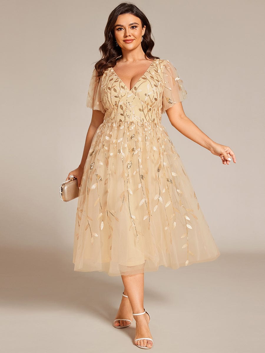 Plus Size Sparkly A-Line Midi Tulle Formal Wedding Guest Dress with Leaf Sequin #color_Gold