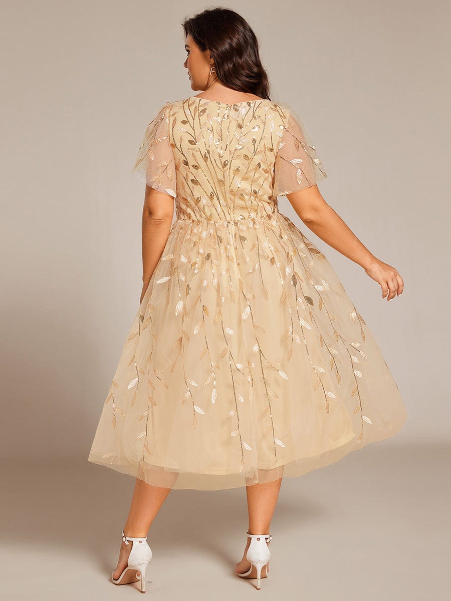 Short Sleeves Leaf Sequin A-Line Midi Formal Wedding Guest Dress #color_Gold