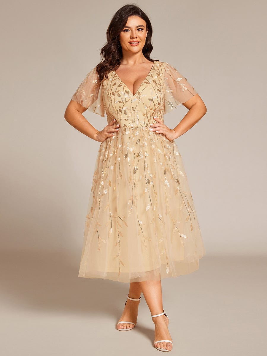 Short Sleeves Leaf Sequin A-Line Midi Formal Wedding Guest Dress #color_Gold