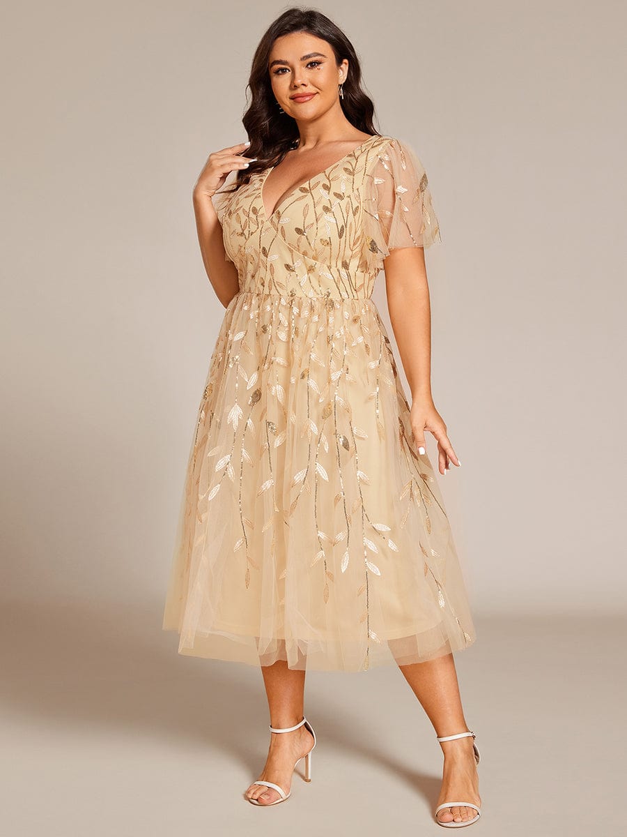 Plus Size Sparkly A-Line Midi Tulle Formal Wedding Guest Dress with Leaf Sequin #color_Gold