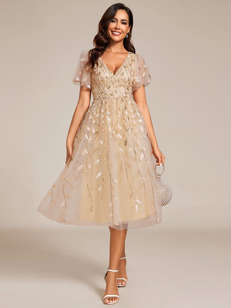 Short Sleeves Leaf Sequin A-Line Midi Formal Wedding Guest Dress #color_Gold