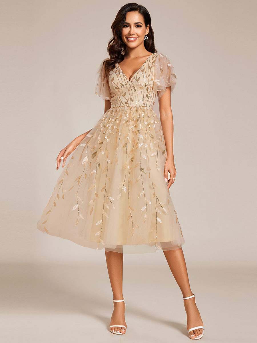 Short Sleeves Leaf Sequin A-Line Midi Formal Wedding Guest Dress #color_Gold