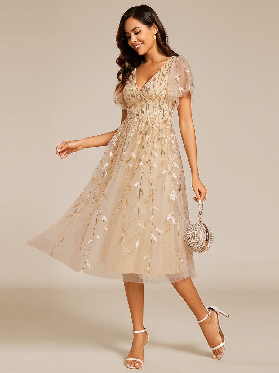 Short Sleeves Leaf Sequin A-Line Midi Formal Wedding Guest Dress #color_Gold