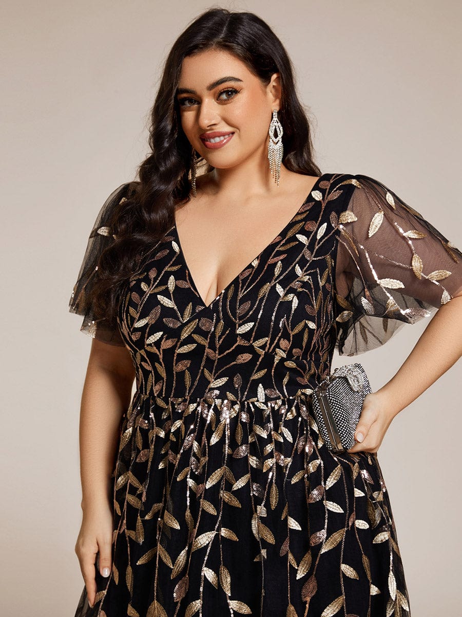 Plus Size Sparkly A-Line Midi Tulle Formal Wedding Guest Dress with Leaf Sequin #color_Black & Gold