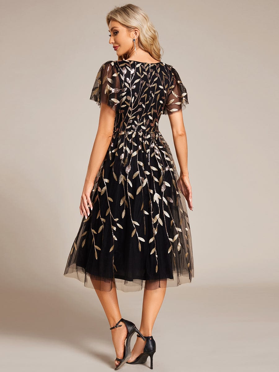 Short Sleeves Leaf Sequin A-Line Midi Formal Wedding Guest Dress #color_Black & Gold