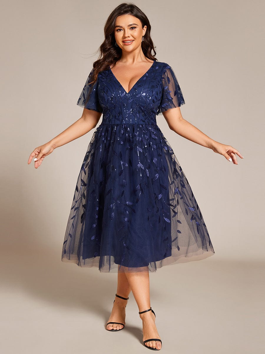 Short Sleeves Leaf Sequin A-Line Midi Formal Wedding Guest Dress #color_Navy Blue