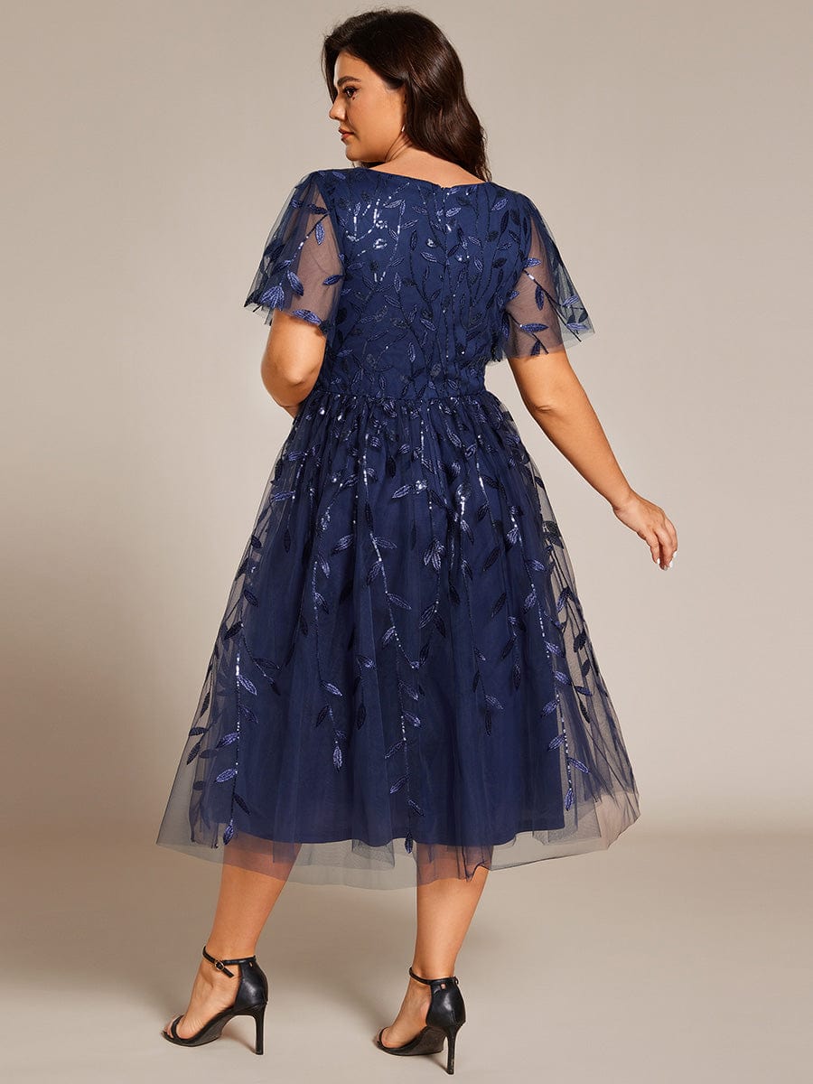 Short Sleeves Leaf Sequin A-Line Midi Formal Wedding Guest Dress #color_Navy Blue