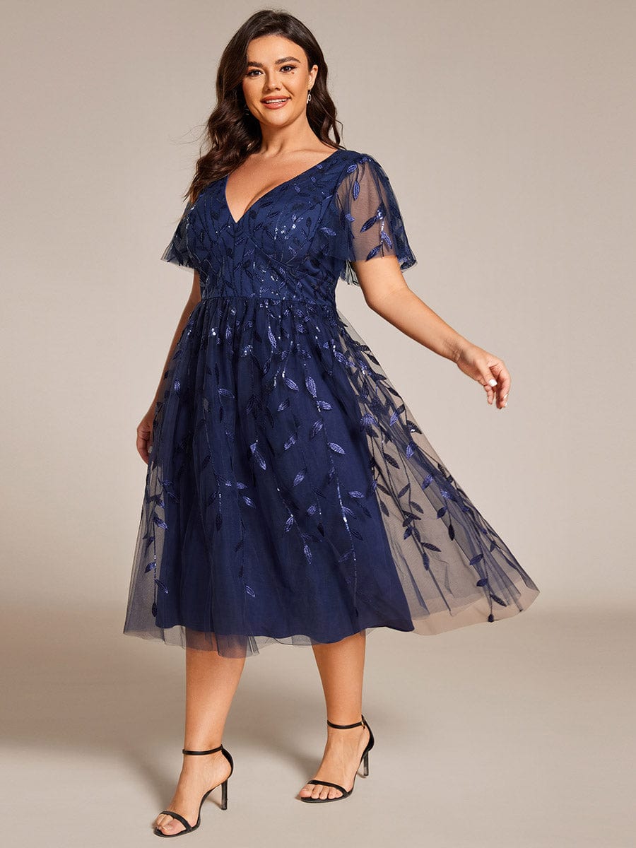 Plus Size Sparkly A-Line Midi Tulle Formal Wedding Guest Dress with Leaf Sequin #color_Navy Blue