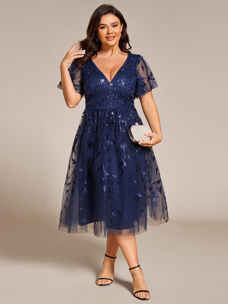 Plus Size Sparkly A-Line Midi Tulle Formal Wedding Guest Dress with Leaf Sequin #color_Navy Blue