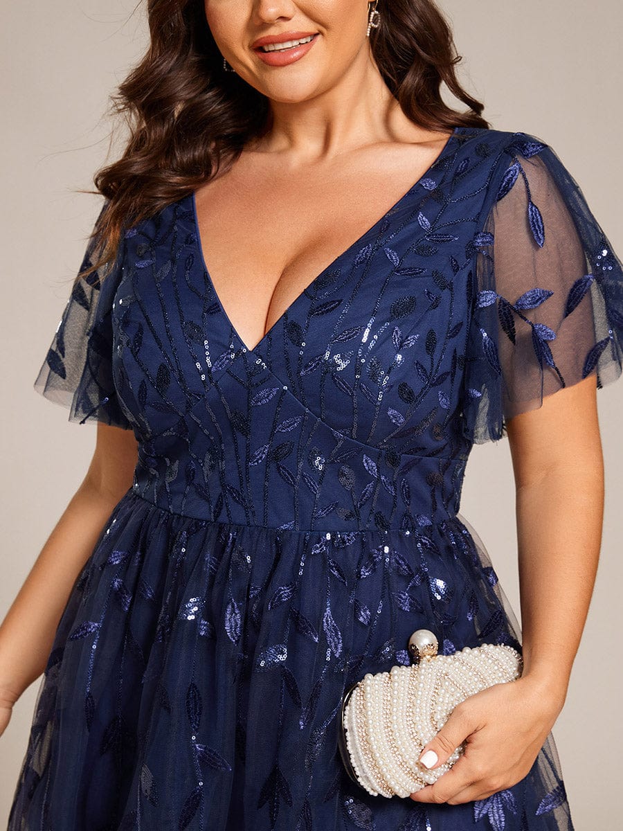 Short Sleeves Leaf Sequin A-Line Midi Formal Wedding Guest Dress #color_Navy Blue