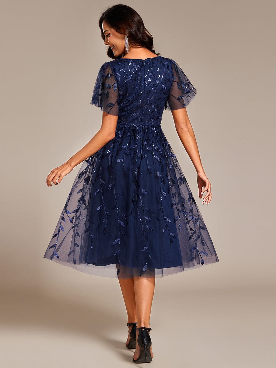 Short Sleeves Leaf Sequin A-Line Midi Formal Wedding Guest Dress #color_Navy Blue