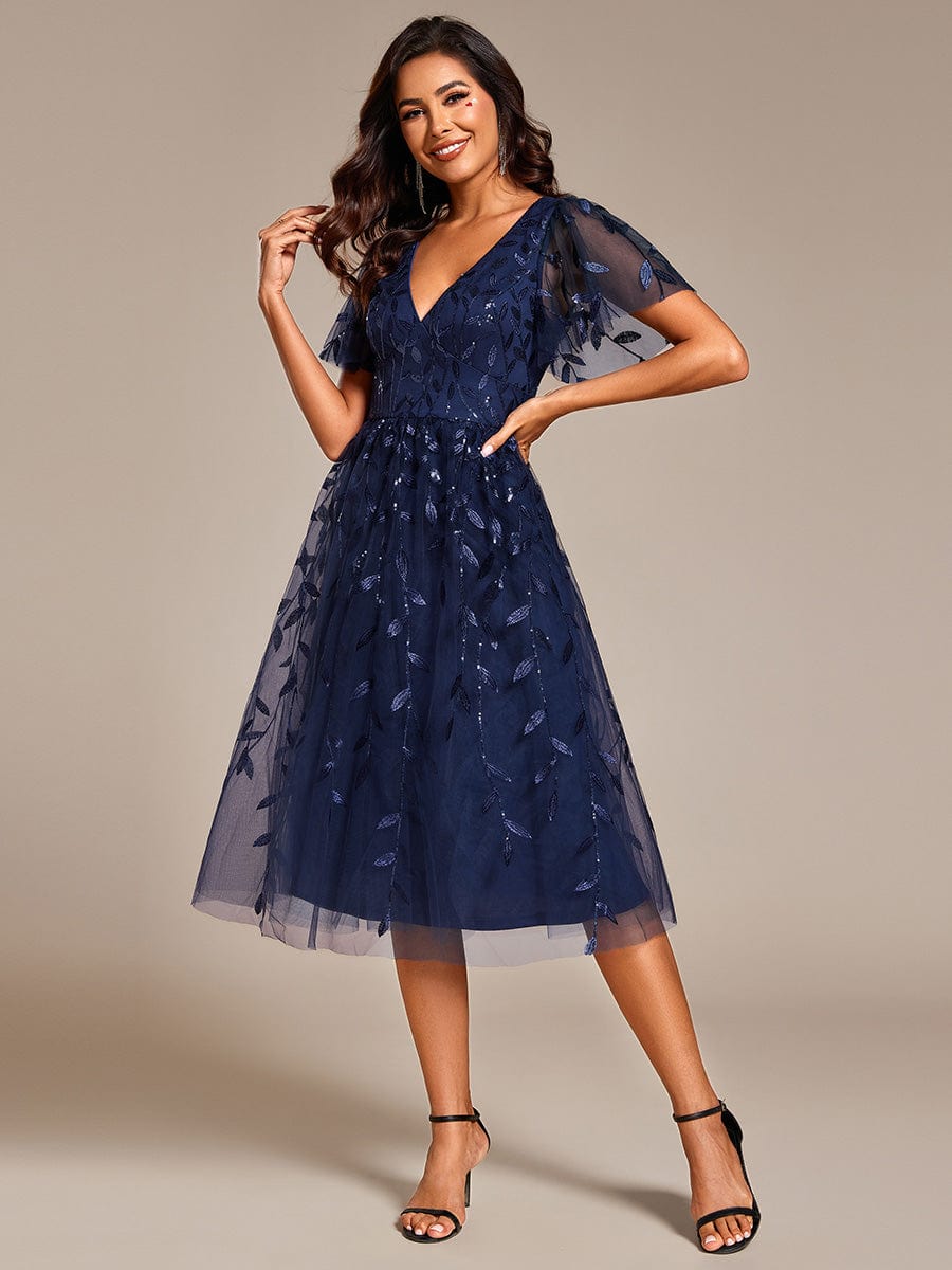 Short Sleeves Leaf Sequin A-Line Midi Formal Wedding Guest Dress #color_Navy Blue