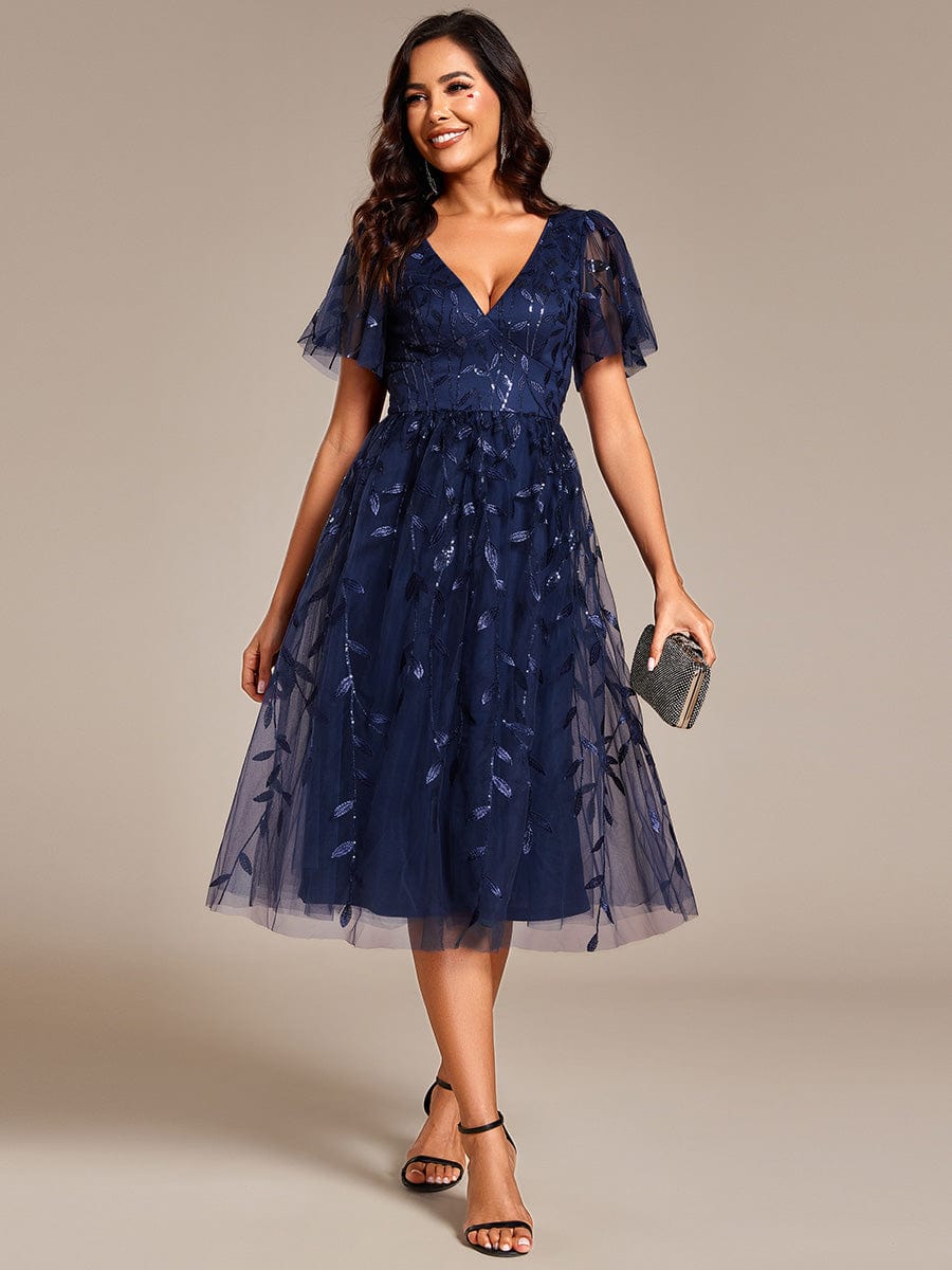 Short Sleeves Leaf Sequin A-Line Midi Formal Wedding Guest Dress #color_Navy Blue