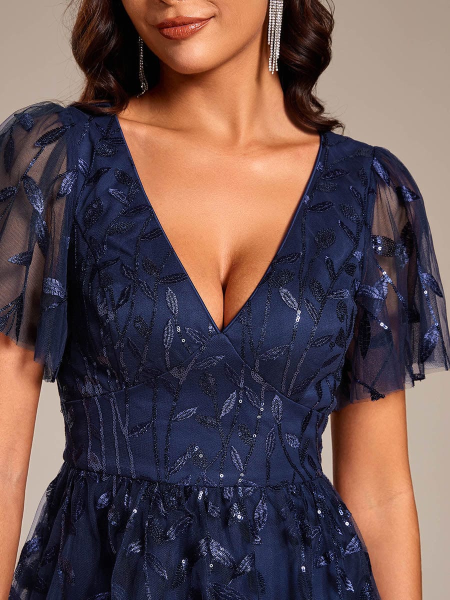 Short Sleeves Leaf Sequin A-Line Midi Formal Wedding Guest Dress #color_Navy Blue